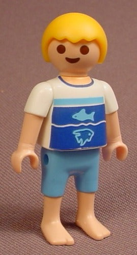 Playmobil Male Boy Child Figure In A Blue & White Shirt