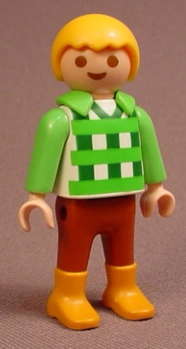 Playmobil Male Boy Child Figure In A Green Plaid Shirt