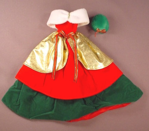 Barbie Doll Size Christmas Gown Or Dress With A Green Hat