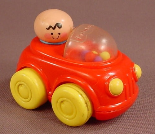 Fisher Price Bald Little People Baby In A Red & Yellow Car