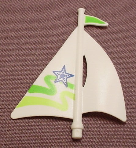 Playmobil White Toy Sailboat Sail With A Green & Blue Design