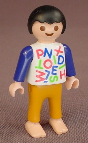 Playmobil Male Boy Child Figure In A White & Blue Shirt