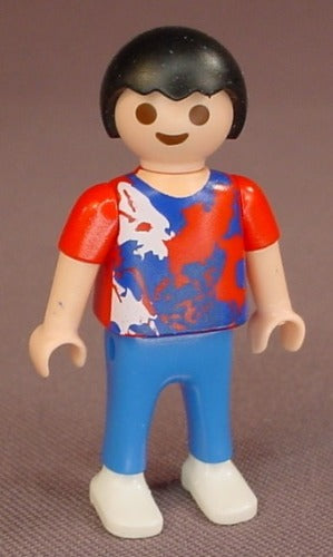 Playmobil Male Boy Child Figure In A Red White & Blue Shirt