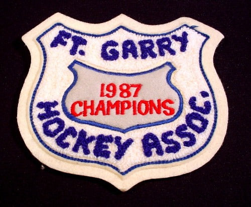 Patch Badge Ft. Garry Hockey Assoc. 1987 Champions, 5 1/4" Across,