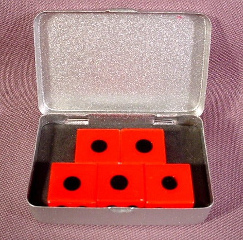 Set Of 5 Red Dice With Black Pips In A Tin Container With Foam Inse