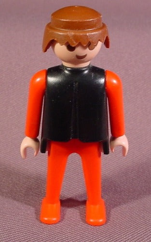 Playmobil Male Figure, Black Top, Red Arms & Legs, Brown Hair