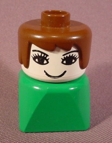 Lego Duplo 829 Tall Bust Green Figure, Thick Eyelashes, Brown Femal