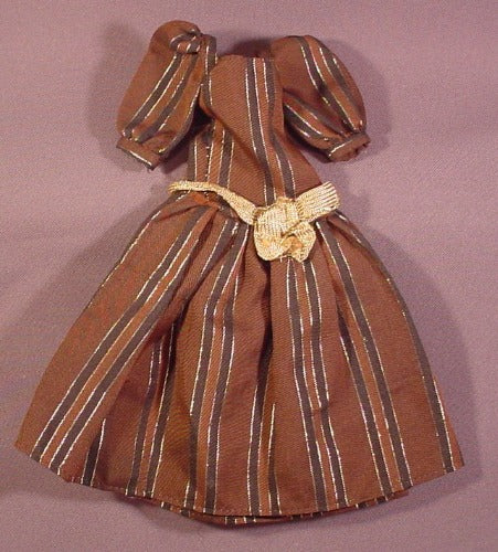 Vintage Sindy Doll Dress Gown With Sindy Tag, Brown With Gold & Bla