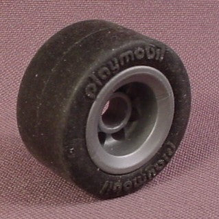 Playmobil Small Front Slick Rubber Racing Tire On Silver Gray Rim