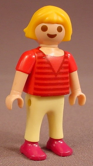 Playmobil Female Girl Child Figure In A Dark Pink Shirt With Black Stripes, Pale Yellow Pants, Purple Or Dark Pink Shoes, Yellow Or Blonde Hair, 5291 6809 70416, 30 11 2380