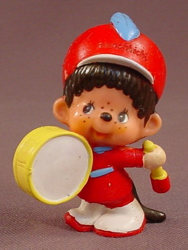 Monchhichi Vintage 1979 PVC Figure, Marching Band Drum Player, 2 1/2 Inches Tall, Sekiguchi