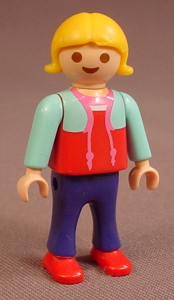 Playmobil Female Girl Child Figure In A Dark Pink & Light Blue Hoodie Sweater With Drawstrings, Purple Blue Pants, Red Shoes, Yellow Or Blonde Hair With Flipped Tips, 5553 5649 70146 70321, 30 11 2760