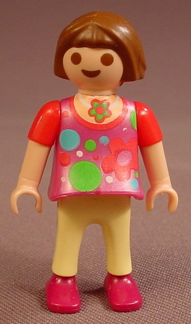Playmobil Female Girl Child Figure In A Pearly Purple Shirt With A Dots Or Bubble Design, Flower Necklace, Light Yellow Pants, Purple Shoes, Brown Wavy Hair, 5555, 30 11 2730