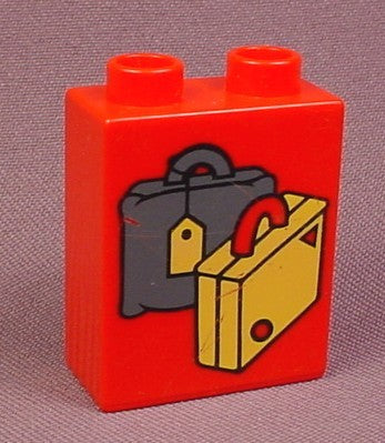 Lego Duplo 4066 Red 1X2X2 Brick With Yellow & Gray Suitcases Patter