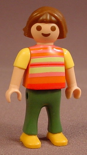 Playmobil Female Girl Child Figure In An Orange Shirt With Pink Green & Yellow Stripes, Yellow Short Sleeves, Olive Green Pants, Mustard Yellow Shoes, Brown Wavy Hair, 4852, 30 11 2100