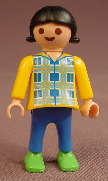 Playmobil Female Girl Child Figure In A Yellow Long Sleeve Shirt With A Blue Plaid Design, Blue Pants, Light Or Linden Green Shoes, Black Hair With Flipped Tips, 4888, 30 11 2200