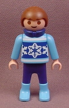 Playmobil Male Boy Child Figure, Brown Hair, Blue Sweater with Snow