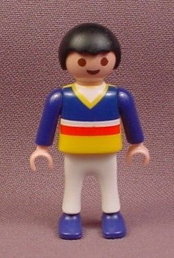 Playmobil Male Boy Child Figure In A Blue & Yellow Striped Shirt