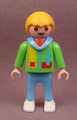 Playmobil Male Boy Child Figure In A Green Jacket With A Blue Hood