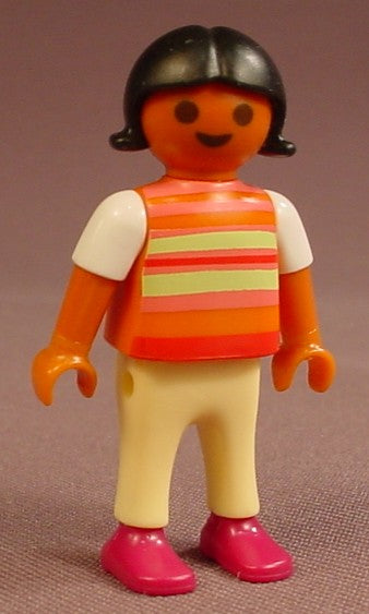 Playmobil Female Girl Child Figure In An Orange Brown Shirt With Red & Green Stripes, White Short Sleeves, Light Yellow Pants, Magenta Purple Shoes, Darker Skin Tone, 5969, 30 11 2430