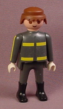 Playmobil Adult Male Firefighter Figure with Brown Hair Gray Uniform