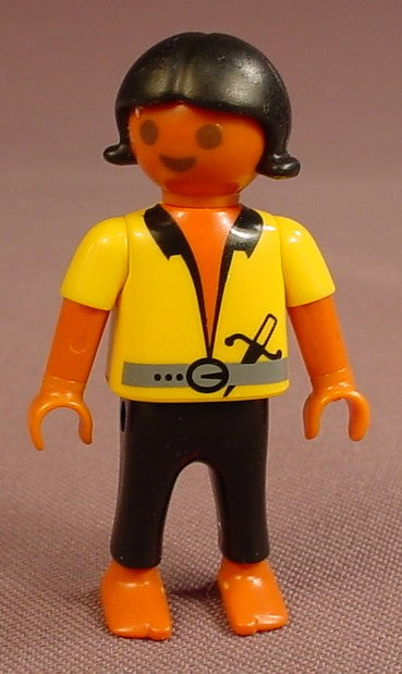 Playmobil Female Girl Child Pirate Figure In A Yellow Shirt With An Open Neck & Black Collar, Gray Belt With A Dagger Tucked In It, Black Pants, Bare Feet, Darker Skin Tone, 4331, 30 11 1430