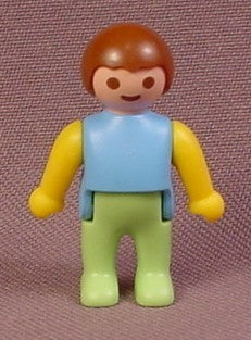 Playmobil Baby Figure With Blue Top, Light Green Legs, Brown Hair,