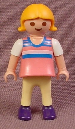 Playmobil Female Girl Child Figure With Pink Top With Blue Stripes