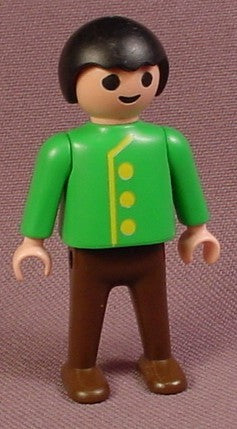 Playmobil Male Boy Child Figure With Green Coat With Yellow Buttons