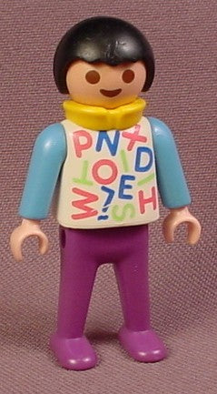 Playmobil Male Boy Child Figure In A White Shirt With Letters