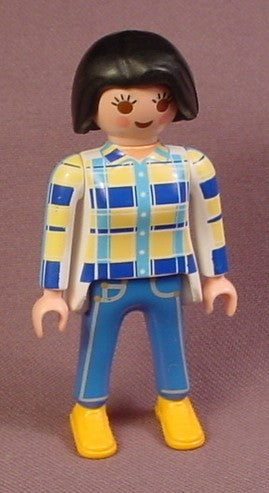 Playmobil Adult Female Figure With Yellow & Blue Plaid Shirt, Blue