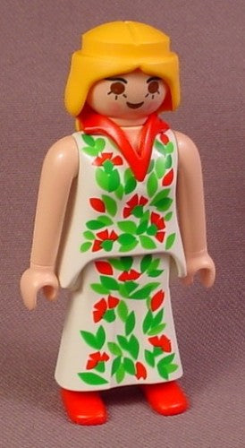 Playmobil Adult Female Figure With White Dress With Red Roses On Gr