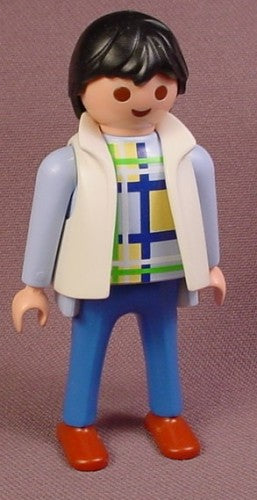 Playmobil Adult Male Figure In A White Vest Over A Plaid Shirt