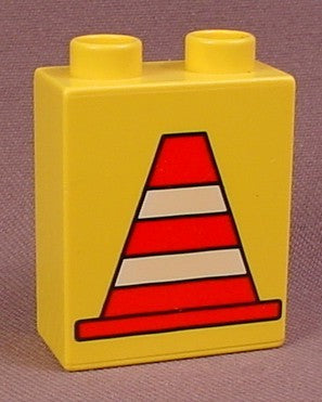 Lego Duplo 4066 Yellow 1X2X2 Brick With A Red & White Safety Cone P