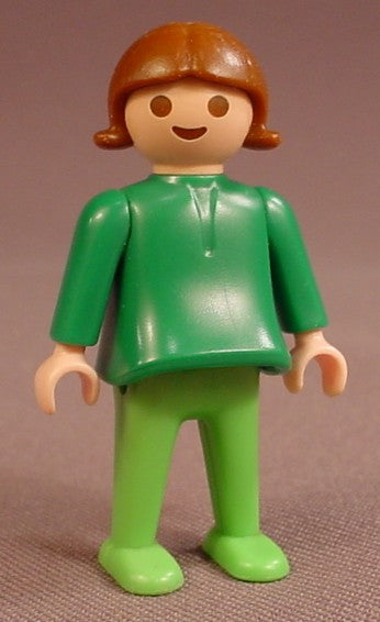Playmobil Female Girl Child Figure In A Dark Green Dress Or Shirt And Light Or Linden Green Pants & Feet, Brown Hair With Flipped Tips, Victorian, 5580, K5580A