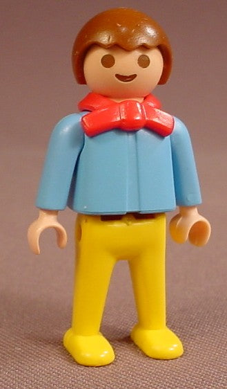 Playmobil Male Boy Child Figure In A Light Blue Shirt With A Red Bowtie, Yellow Legs & Feet, Brown Hair, Victorian, 5403, K5403