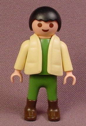 Playmobil Child Figure, Black Hair, Brown Boots, Green Legs & Shirt