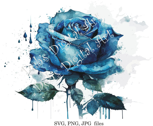 Watercolor botanical blue rose flower digital clipart, vector, png. jpg, jpeg, svg wall art, graphic