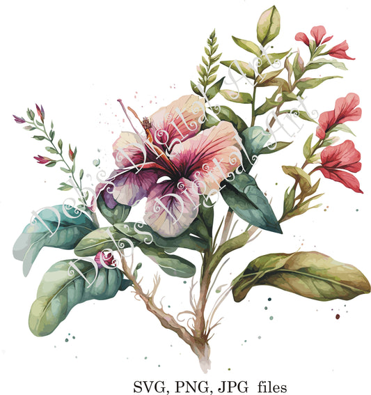 Watercolor botanical Grandiflora Azalea Rose pink flower plant digital clipart, vector, png. jpg, jpeg, svg wall art, graphic