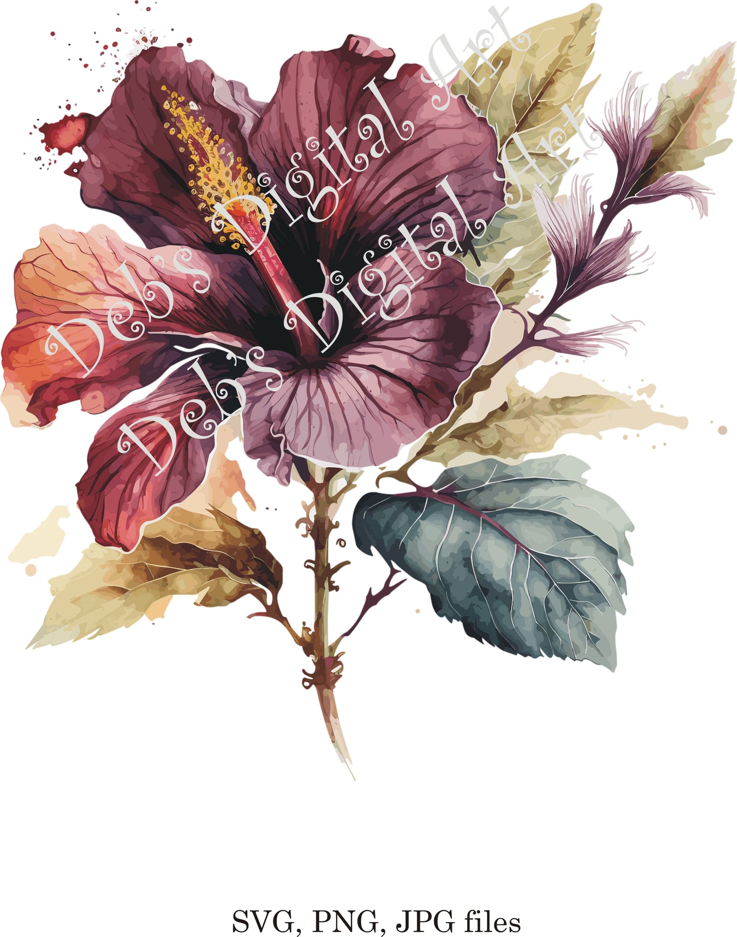 Watercolor botanical Hibiscus Red Burgundy flower plant digital clipart, vector, png. jpg, jpeg, svg wall art, graphic