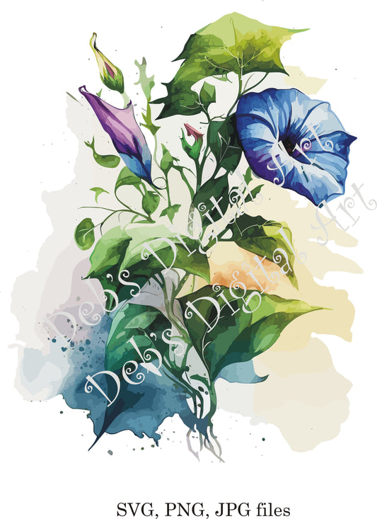 Watercolor botanical Morning Glory blue flower plant digital clipart, vector, png. jpg, jpeg, svg wall art, graphic